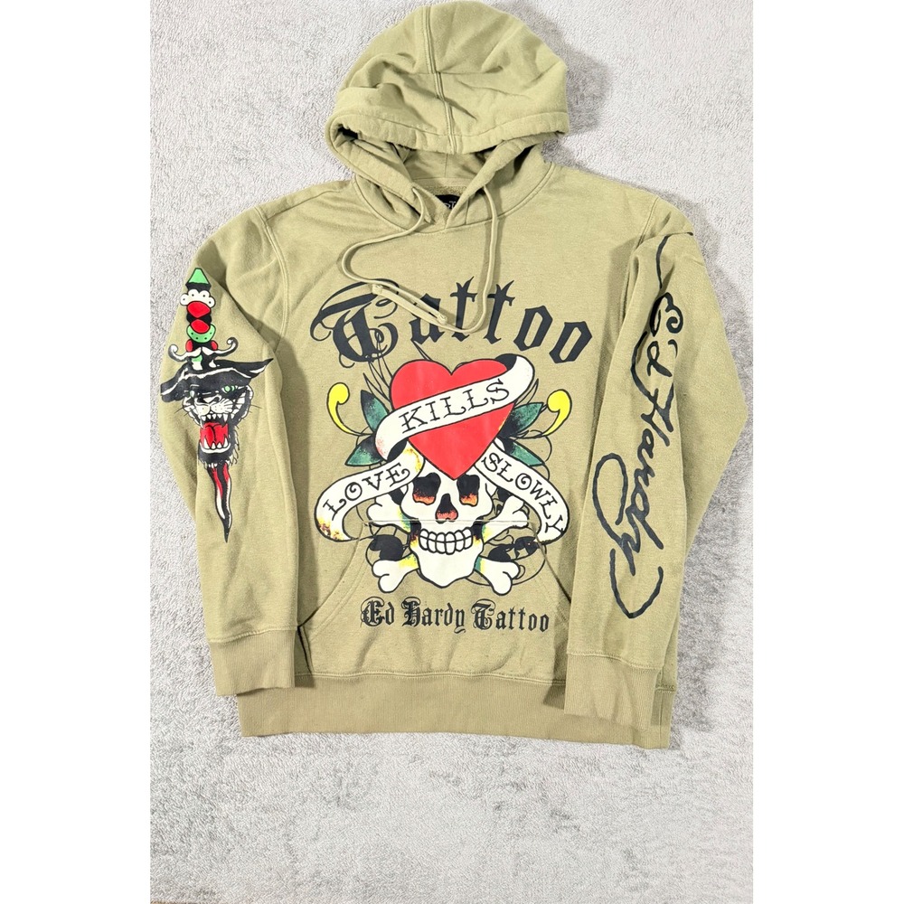 Ed Hardy Love Kills Slowly Hoodie Olive Green Tattoo Graphic Pullover M EHM1300